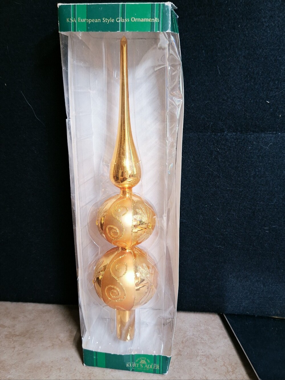 Vintage Kurt Adler 13" Ornate Gold Glitter Glass Christmas Tree Topper
